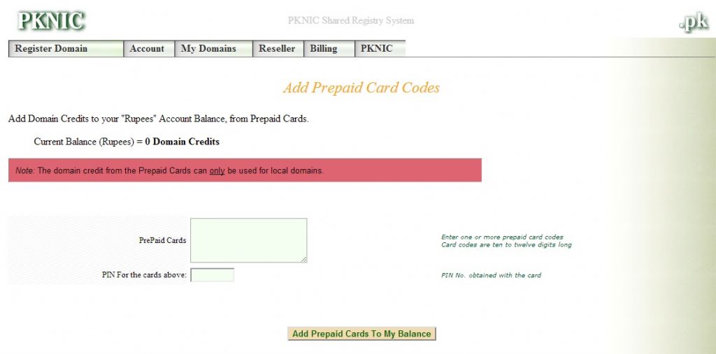 how to insert credit into pknic panel to renew .pk domain